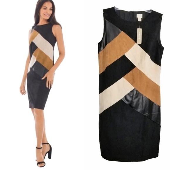 Chicos NWT Pieced Short Dress Sleeveless Color Block Faux Suede Brown Size 0 S/4 - Picture 1 of 14